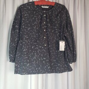 Sonoma Womens Blouse Size 1X gray flowered Print 3/4 Sleeve 3/4 button front